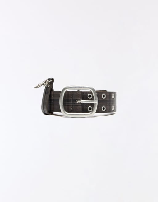Bershka Studded check belt in brown, 4 of 5