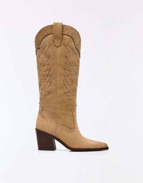 Bershka Studded cowboy heel boots in beige - view 1