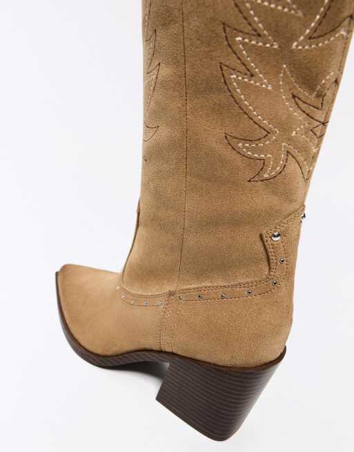 Bershka Studded cowboy heel boots in beige, 4 of 6