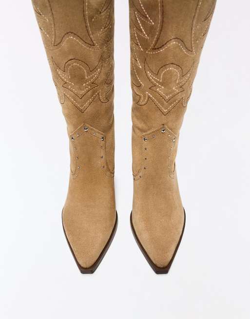 Bershka Studded cowboy heel boots in beige, 5 of 6