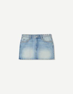Bershka studded denim mini skirt in mid blue - view 1