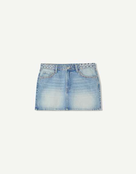 Bershka studded denim mini skirt in mid blue
