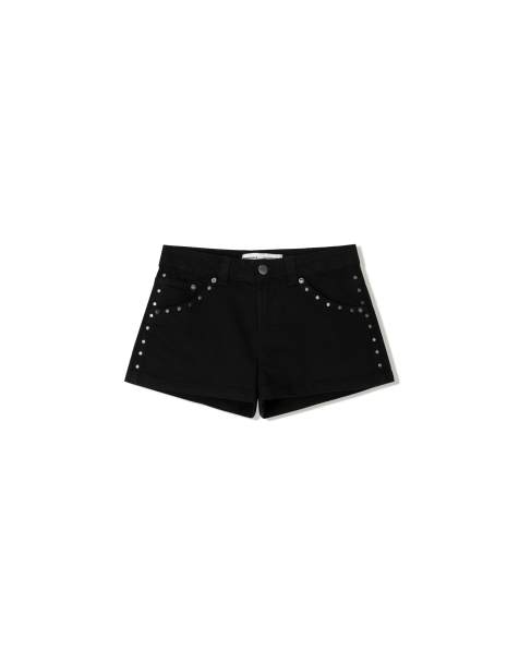 Bershka studded denim shorts in black - view 1