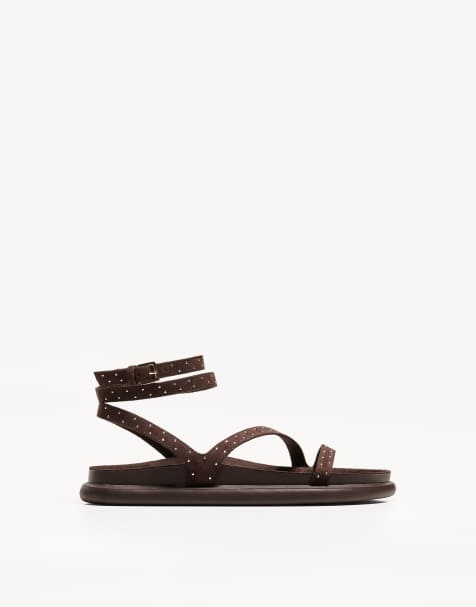 Bershka studded flat sandals in brown - view 1