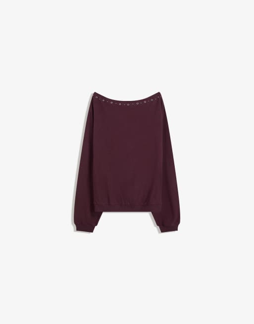 Bershka Studded knit sweater in burgundy