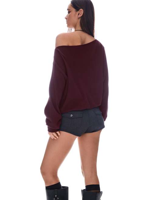 Bershka Studded knit sweater in burgundy