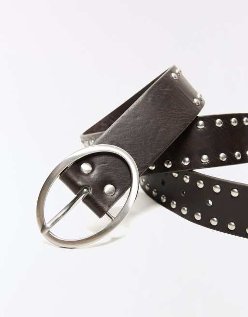 Bershka Studded oval buckle belt in brown, 2 of 5
