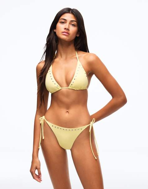 Bershka Studded triangle bikini top in yellow - view 1