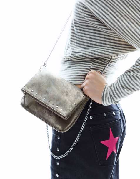 Bershka Studded zip flap bag in silver - view 1