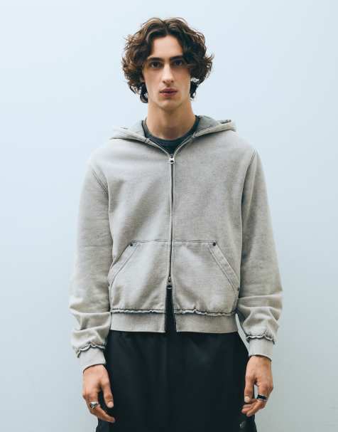 Bershka Studded zip-up hooded sweatshirt in light grey - view 1