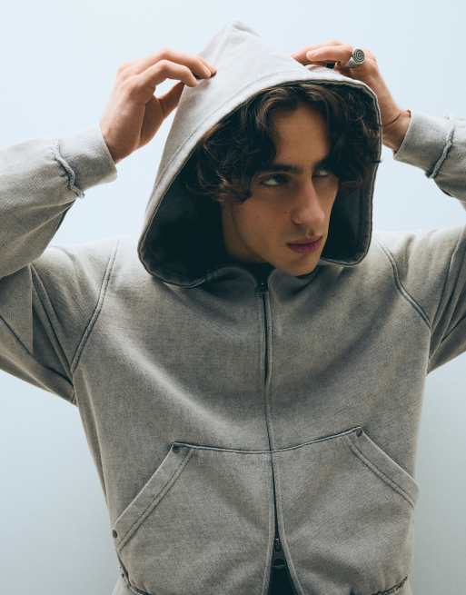 Bershka Studded zip-up hooded sweatshirt in light grey, 2 of 5