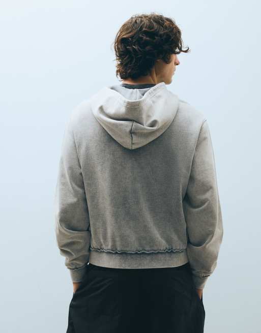 Bershka Studded zip-up hooded sweatshirt in light grey, 3 of 5