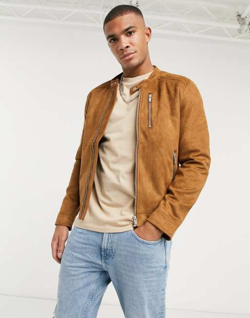 ASOS Suede Bomber Jacket In Tan in Brown for Men