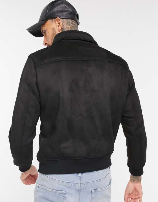 Bershka suede bomber jacket with sherpa collar in black