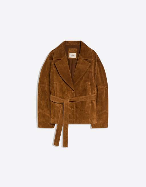 Bershka - Suède jack met riem in bruin, 3 van 4