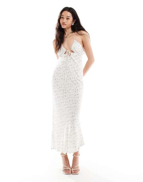 Bershka – Sukienka maxi w kolorze ecru w kwiatki z dekoltem typu halter wiązanym z przodu - view 1