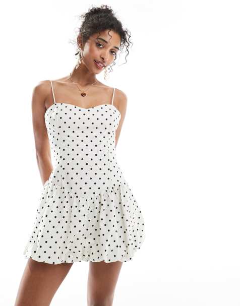 Bershka puffball mini dress in ecru polka dot