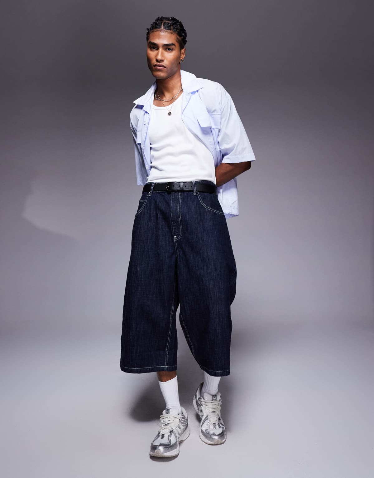 Bershka super baggy denim bermuda jorts in blue