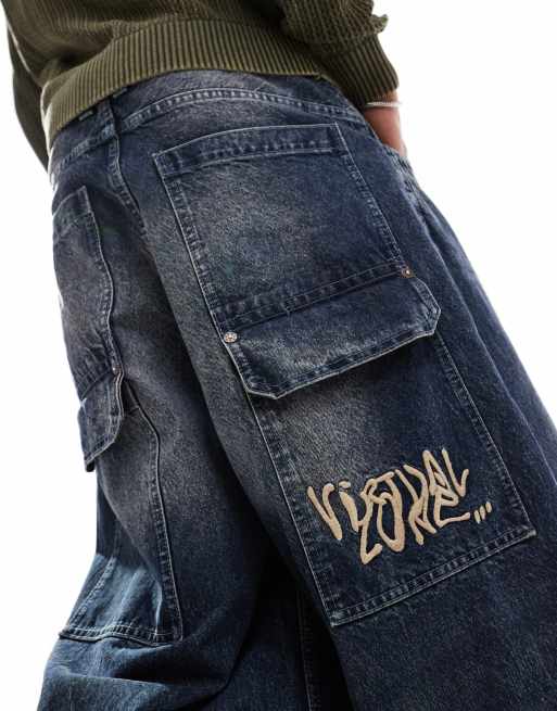 Bershka super baggy fit jeans with embroidery in dark blue