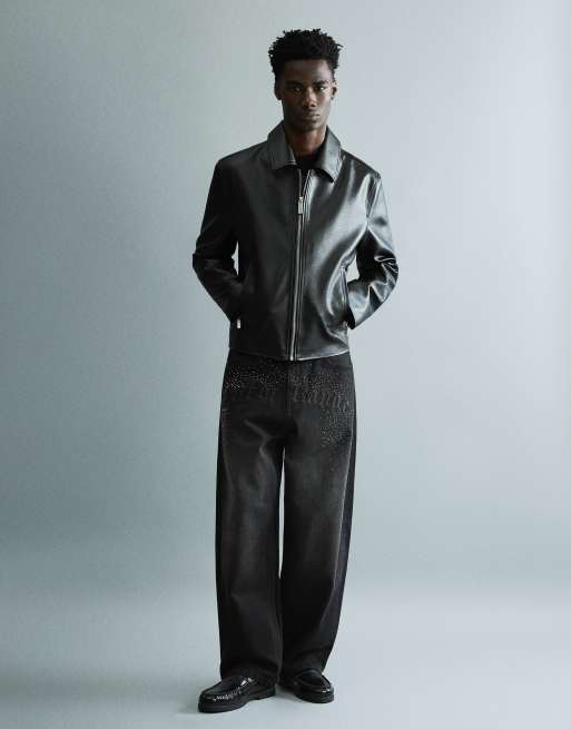 Bershka super baggy jeans met glans in zwart, 2 van 6