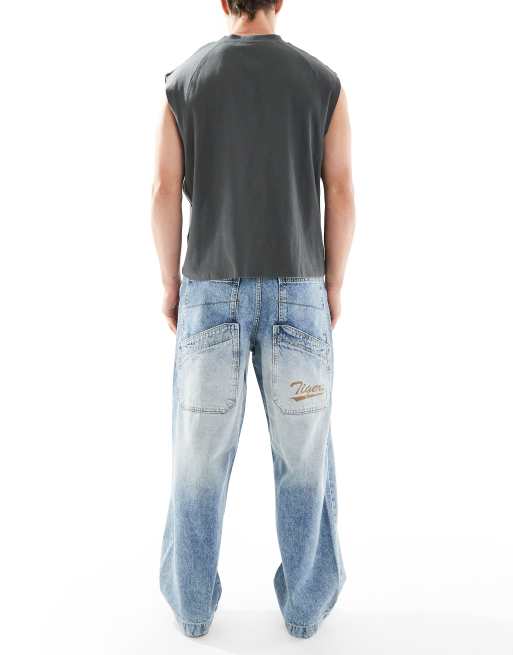 Bershka super baggy jean with back emboridery in blue