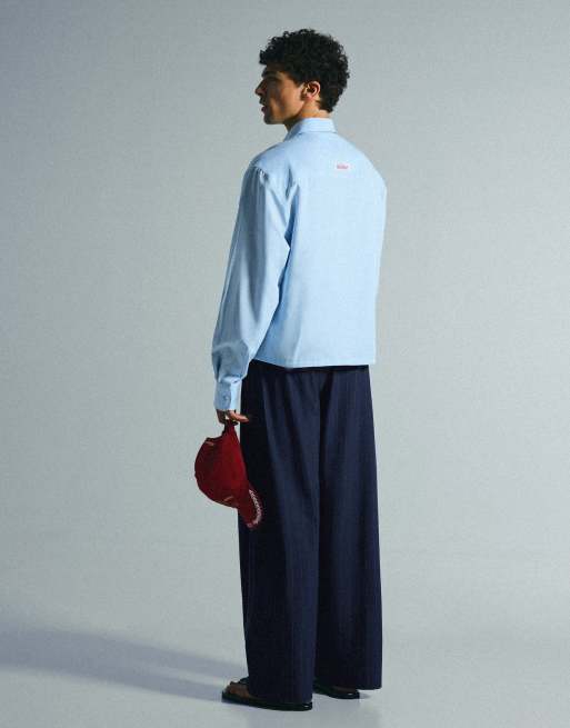 Bershka Super baggy pinstripe darted trousers in blue, 3 of 5