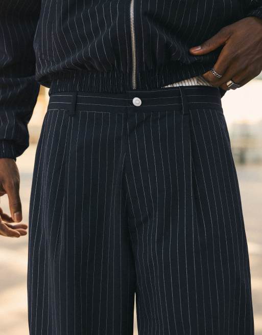 Bershka Super baggy pinstripe trousers in navy, 2 of 5