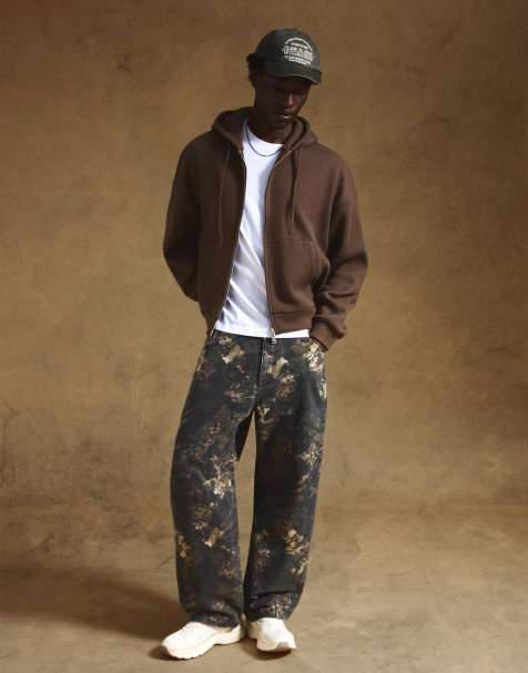 Bershka Super baggy printed trousers in khaki - view 1