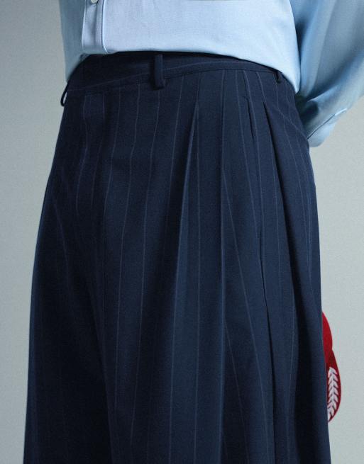 Bershka super baggy randiga byxor med insnitt i blått, 4 av 5