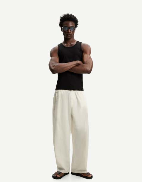 Bershka super baggy striped fabric trousers in white - view 1