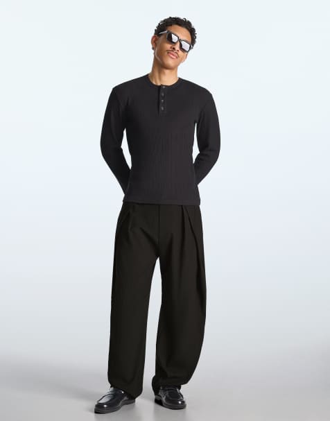 Bershka Super baggy tailored darted trousers in black