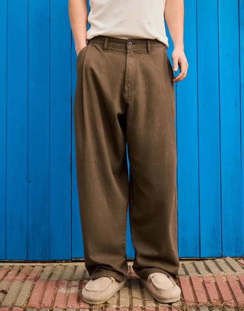 Bershka Super baggy trousers with linen in brown