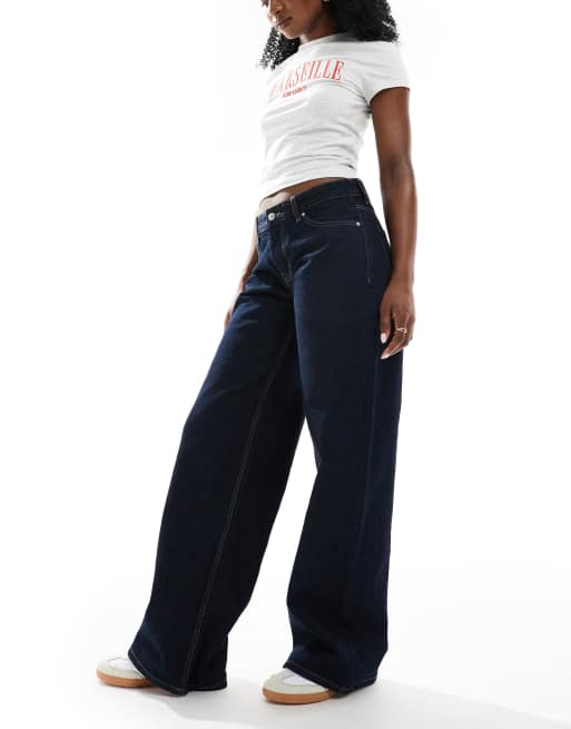 Bershka super baggy wide leg jeans in dark wash blue | ASOS