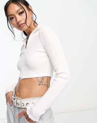 Bershka Super Crop Zip Up Top In White