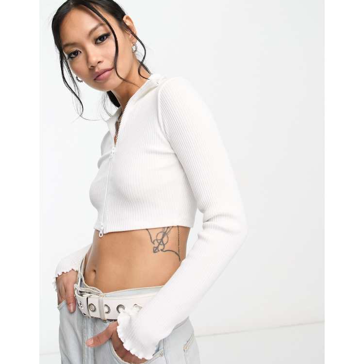Bershka super crop zip up top in white | ASOS
