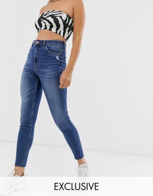 bershka super high waist skinny jean in mid blue