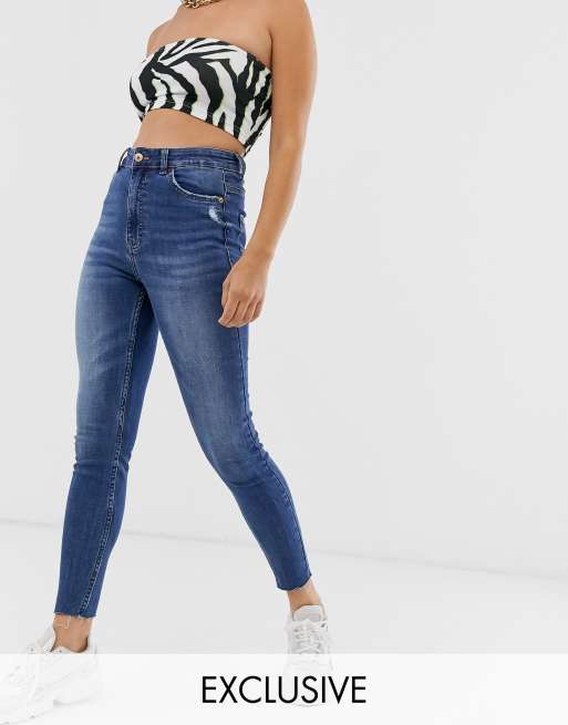 Bershka Super High Waist Distressed Skinny Jeans in Blue