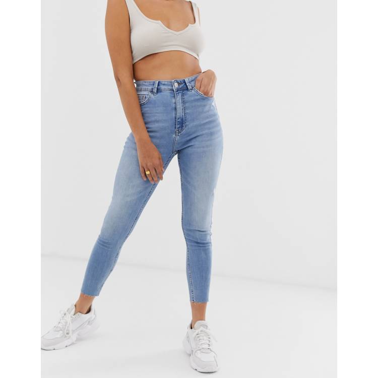 Bershka Super High Waist Distressed Skinny Jeans in Blue