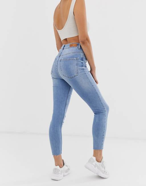 Bershka super high waist skinny jean in mid blue