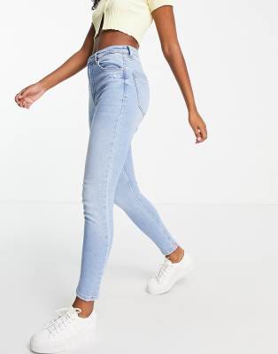 bershka super high waist skinny jean in mid blue