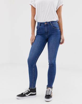 bershka super high waist skinny jean in mid blue