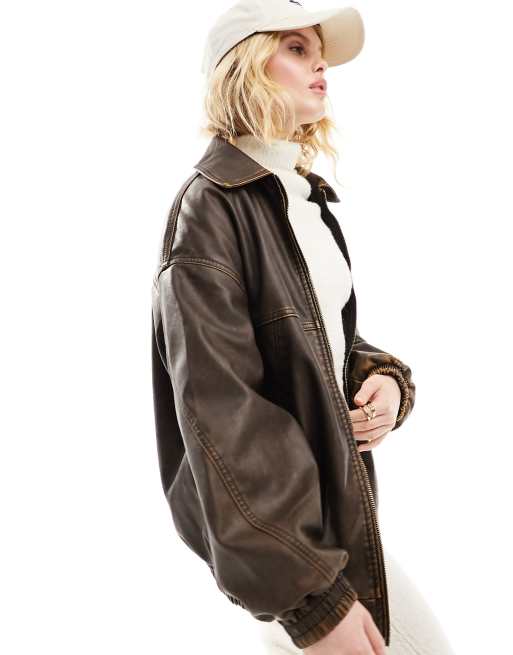 Bershka super oversized faux leather dad jacket in washed brown | ASOS