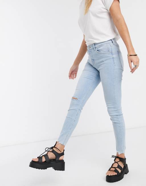 Bershka Super Skinny 5 Pocket Jeans In Medium Blue With Knee Rip Asos