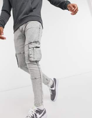 Bershka super skinny cargo trousers in grey acid wash