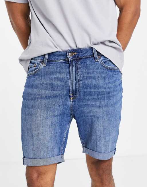 Bershka super skinny denim shorts in mid blue | ASOS