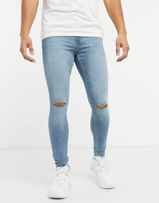 Bershka Super Skinny Jeans With Rips In Bright Blue Evesham Nj