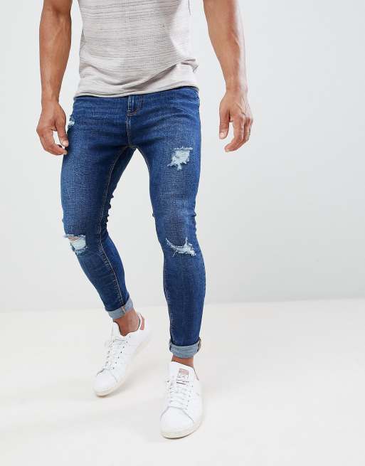 Bershka Super Skinny Jeans With Rips In Dark Blue | ASOS