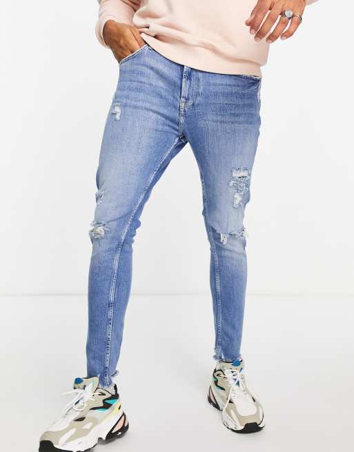 Bershka super skinny jeans with rips in dark blue