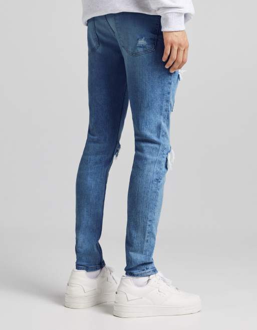Bershka super skinny jeans with rips in midwash blue