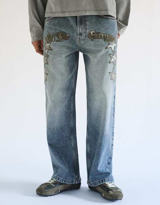 Bershka superbaggy jeans met sterrenpatch in middenblauw, 2 van 6